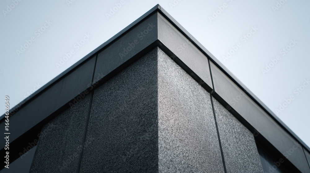 Fototapeta premium Modern building corner with textured rain screen facade under clear sky