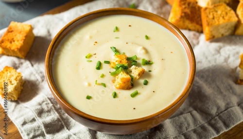 Creamy, light-yellow soup is presented in a brown bowl, garnished with toasted croutons and fresh chives.