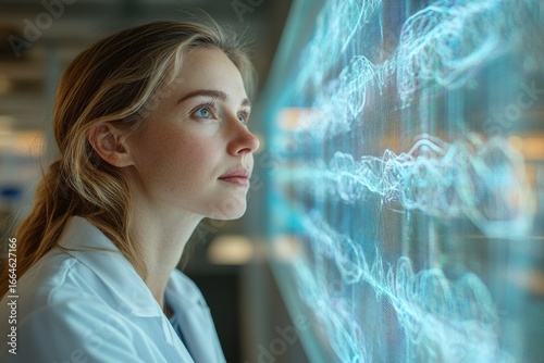A female scientist in a lab coat studies complex data visualized on a futuristic screen.