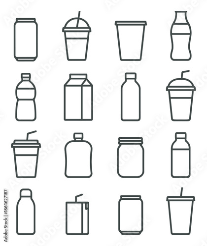 Modern beverage container icons on gray background: outline design collection