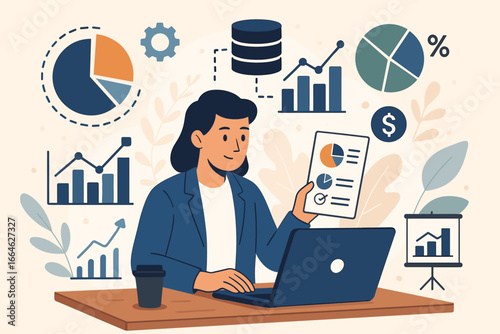 Business analyst with data management system making report with KPI metrics. Corporate strategy for finance, operations. Data visualization, dashboard, chart, graph concept vector.