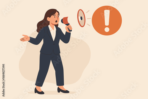 Businesswoman shouting in loudspeaker. Important announcement, attention and alert concept. Confident female leader with megaphone makes a statement. Broadcasting news or protest.
