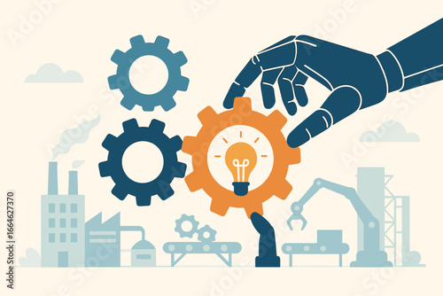 Automation and technology in the development process. Martech or marketing technology industry concept. Robot hand helps put together cogwheels with lightbulb idea in a factory.