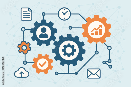 Business process management and workflow automation diagram. Operations management flowchart with gears. Productivity, efficiency and time management. Optimization vector concept.