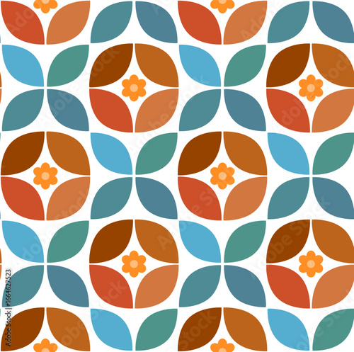 mid mod  retro abstract geometric minimalist blooms and leaves in brown blue beige teal colors seamless pattern, vector illustration repeat design print