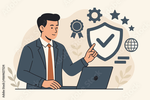 Businessman with top service quality assurance guarantee. Concept of standards, ISO certification, and standardization. Quality management control with checkmark and shield icons.