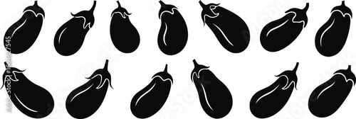 Black eggplant silhouettes, vegetable outline icons, aubergine shape set, farm produce clipart, kitchen cooking design, healthy food graphic, botanical plant illustration