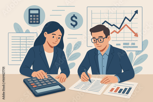 Business people team working on financial analysis. Accountants calculate budget, profit and loss. Man and woman produce report with graph from data. Finance expert concept.