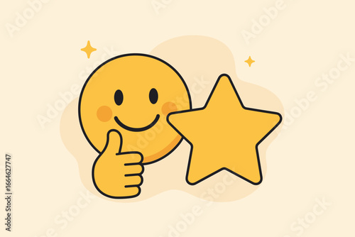 Customer satisfaction concept. Happy smile face gives a thumbs up. Excellent service feedback, positive emotion, and quality survey review with a five-star rating vector icon.