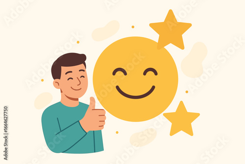 Customer satisfaction concept vector. Happy man gives thumb up for positive feedback. Excellent service review with smile face and stars for quality rating. User experience survey.
