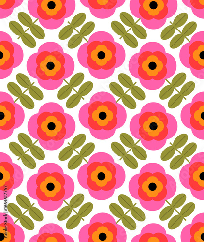 colorful retro blooms in pink yellow orange green colors seamless pattern, vector illstration repeat design print