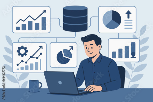 Data analyst at computer with business analytics and management system. Man making report with KPI dashboard and metrics connected to database. Corporate strategy infographic.