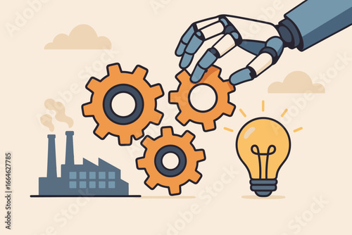 Automation and technology helping the development process. Robot hand putting together cogwheels for a production factory symbolizing martech, industrial innovation, and ideas.
