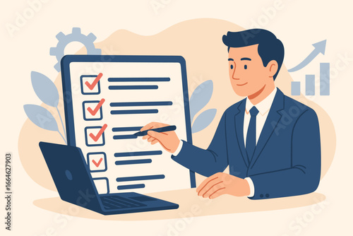 Business performance checklist concept. Businessman with laptop completing online survey, filling out digital form. Task management, questionnaire, assessment and growth analysis.