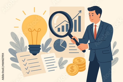 Business idea viability checking concept. Validate idea by market research to see possibility of success. Evaluate profitable business idea. Businessman with magnifying glass.