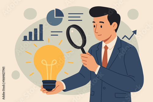 Business viability check. Idea validation via market research for success. Evaluate profitable business concepts. Businessman with magnifier analyzes innovation, strategy and growth.