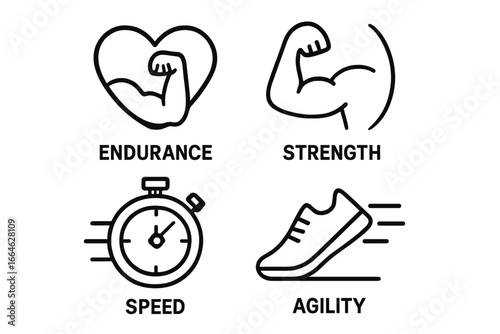 Champion attribute icon set with endurance, strength, speed, and agility. Outline vector graphics of heart, bicep, stopwatch, and shoe for fitness and sport performance.