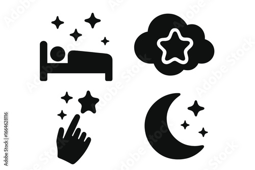 Sleep and dreams solid icon set. Person in bed, night sky, moon, and stars. Celestial fantasy and wish upon a star concept. Good night and sweet dreams vector pictograms.