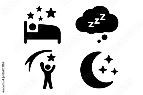 Sleep and dream solid icons. Night time fantasy vector symbol set. Sleeping in bed, zzz dream cloud, wish upon a star, moon. Cosmic imagination and bedtime glyph collection.