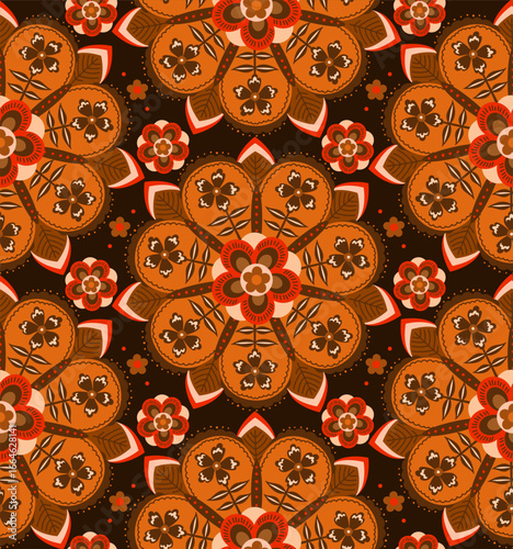 floral mandala medallions in brown ochre orange beige earthy tones seamless pattern, vector illustration repeat boho print design
