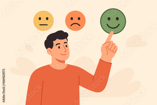 Man choosing green happy smile face icon. Feedback rating and positive customer review experience. Satisfaction survey and mental health assessment. Good mood concept vector.