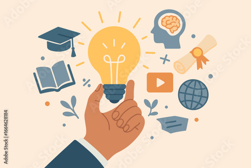 Hand holding lightbulb with learning, education, graduation concept. Study knowledge for creative thinking idea and problem-solving. E-learning and online education vector.