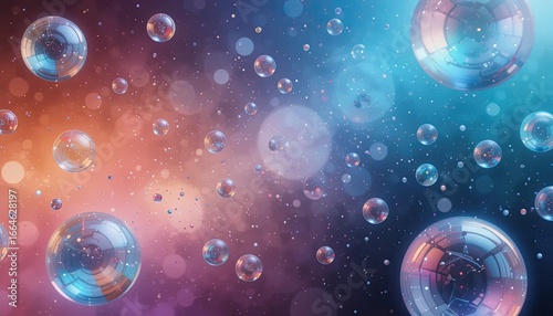 Abstract futuristic bubbles floating in space with vibrant color gradients and ethereal light effects, perfect for science and technology concepts