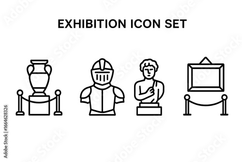Museum and exhibition linear icon set. Outline pictograms of historical artifacts: ancient pottery, medieval armor, renaissance sculpture, and art gallery painting. Vector collection.