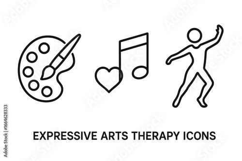 Expressive arts therapy vector line icon set. Concepts for art therapy, music therapy, dance movement therapy. Mental health, psychology, creativity, healing, self-expression.