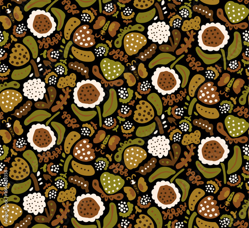 abstrac modern dotted bloom mushrooms and foliage in earthy moody brown green mustard colors seamless pattern, vector illustration repeat design print