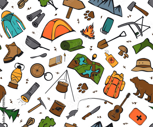 camping adventure seamless pattern, hand drawn vector illustration repeat design print