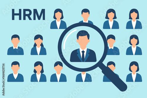 Human resource management, HRM. Magnifier finding a leader. Recruiting personnel. Concept of hiring, recruitment, headhunting. Job vacancy. Selecting a candidate. Employee search.