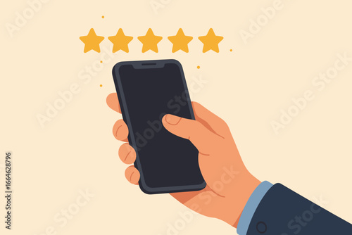 Man hand holding smartphone giving a five star rating. Customer service experience and business satisfaction survey. Client feedback, review, and positive evaluation concept.