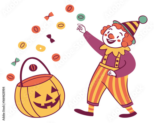 Halloween clown collecting candy in jack-o-lantern bucket