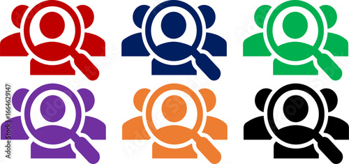 People search and recruitment icons with magnifying glass in colorful vector. Suitable for HR, business, career, and employment-related design.