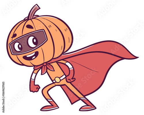Pumpkin superhero in action pose with red cape autumn