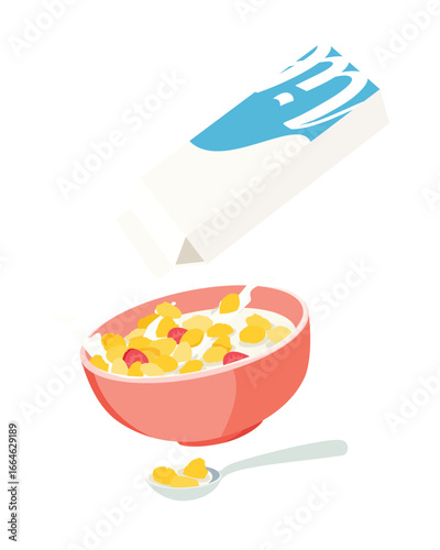 Breakfast cereal in bowl and milk carton package. Crispy corn flakes with milk and strawberries