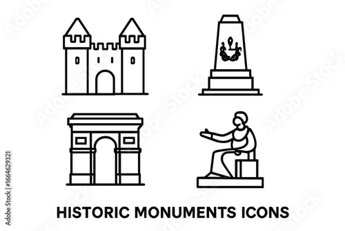 Historic monuments icon set. Outline vector symbols of ancient castle, war memorial, triumphal arch, and founder statue. History and travel landmarks. Line art pictogram.