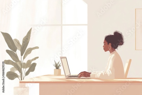 A young woman works on her laptop at a desk near a window, bathed in sunlight.