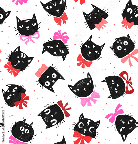 cute fun adorable black cats faces and pink red bows on transparent background seamless pattern, vector illustration repeat design print