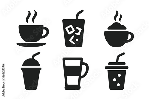 Hot and cold drinks icon set. Coffee and tea beverage silhouette symbols. Vector collection for cafe menu design, including teacup, iced drink, cappuccino, smoothie, latte, and soda.
