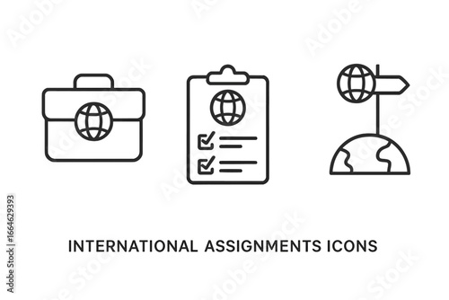 International assignments icon set for global business projects. Vector outline symbols of briefcase, checklist, milestone, and direction for corporate mobility and work abroad.