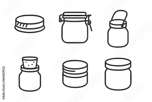 Jar lid icons vector set. Outline collection of different container caps like screw cap, clamp lid, flip-top, and cork stopper. Kitchen canning and food storage concept.