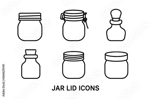 Jar lid icons collection. Outline icon set of various jar and bottle styles like screw cap, clamp lid, flip-top lid, and cork stopper. Vector for food preservation.