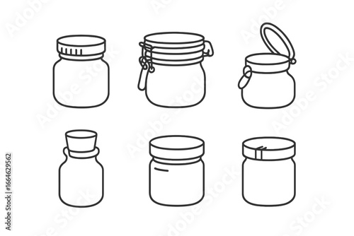 Jar lid icons outline set. Vector graphic collection of various container closures. Includes screw cap, clamp lid, flip-top, cork stopper, and metal screw lid styles.