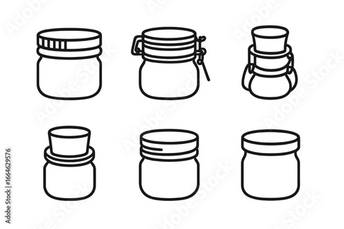 Outline jar lid icons set. Vector illustration of various jar lid styles including screw cap, clamp lid, flip-top lid, cork stopper, metal screw lid, bamboo lid. Kitchen storage containers isolated
