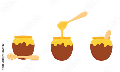 Collection, set of honey pots with dripping honey from wooden dipper