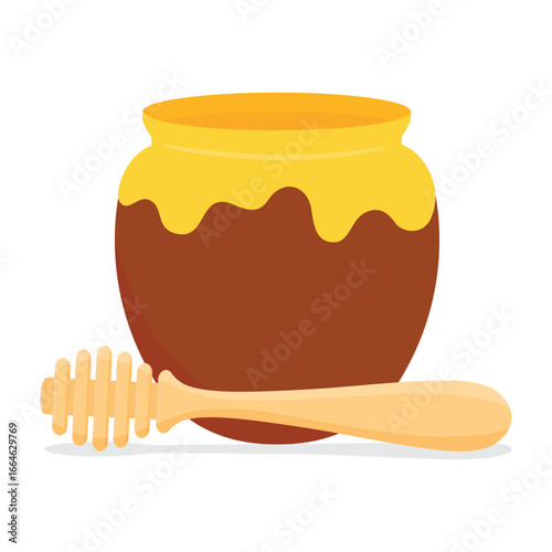 Honey pot with wooden dipper, isolated on white background