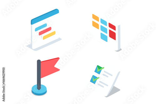 Project management isometric 3d icon set. Gantt chart schedule, kanban board, task list and milestone flag. Business planning, agile workflow, strategy and organization.