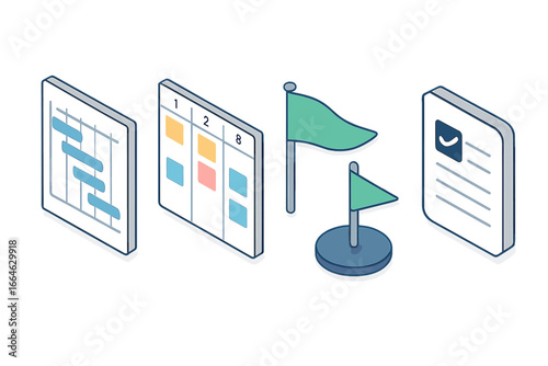Project management icons in isometric flat style. Vector set with Gantt chart schedule, kanban board for agile workflow, milestone flag for goals, task list for planning.